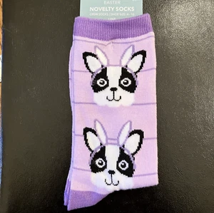 Purple Socks Boston Terrier Dog Easter Bunny Rabbit Black White JAS Sz 4-10 NEW - Picture 1 of 5