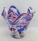 Red White & Blue Canes Swirling on 5 Lobed Blown Glass Vessel - Large Clear Foot
