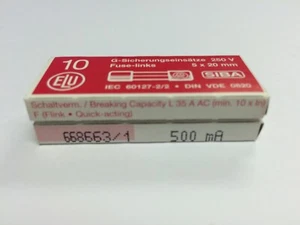 SIBA 70 001 34 500mA F500mAL250V Quick Blow Glassicherung 5x20mm 250V Pk10 JPSF132 - Bild 1 von 3