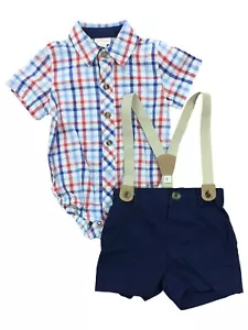 Infant Boys Red White Blue Plaid Button Up Bodysuit & Suspenders Short Set - Picture 1 of 1