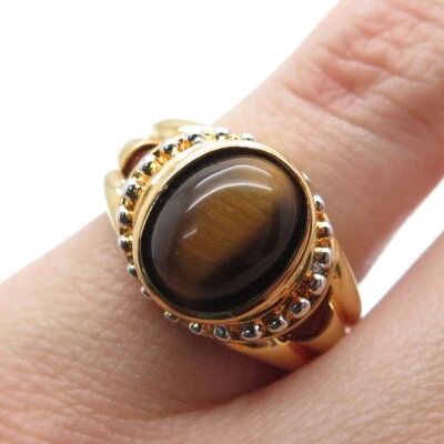 ROSS SIMONS 925 Sterling Silver Gold Plated Real Tiger Eye Beaded Ring Size 6 - Image 1 of 4
