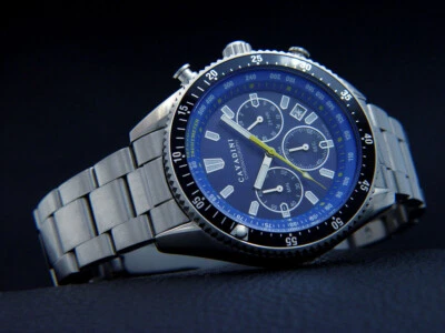 CAVADINI Herrenuhr Chronograph Edelstahl 10Bar Azurblau Lünette drehbar CV-2015B - Bild 1 von 2