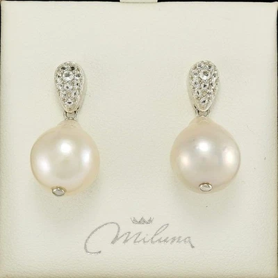 Orecchini MILUNA, Perle bianche vere 12-14 mm, Topazi bianchi, Argento 925 - Immagine 1 di 4