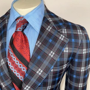 Vintage 60s 70s Leisure Suit Jacket Blazer Coat Plaid Loud Ugly Disco Mens 40 - Picture 1 of 17