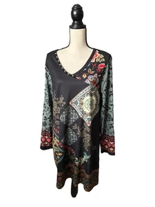 North Style Black Boho Dress Embroidered Print Knit Beading Tattoo Sleeves Large - Picture 1 of 7
