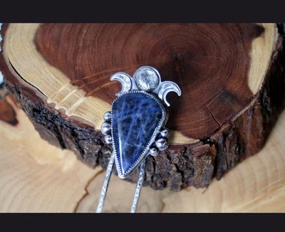 PALO DE PELO TRIPLE DIOSA DE SODALITA DE PLATA MACIZA HORQUILLA DE CORINA LUNITA uno de... Foto 1 de 4