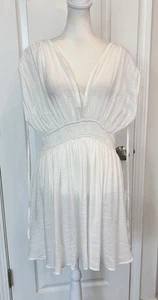 CUPSHE Cover-Up Dress L Smocked Waist Double V-Neck Tie Back White Boho Gauze - Picture 1 of 17