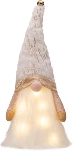 Albero di Natale Illuminato Topper Gnomo con Timer, 16,5 Tessuto Bianco e Oro Carino - Foto 1 di 6