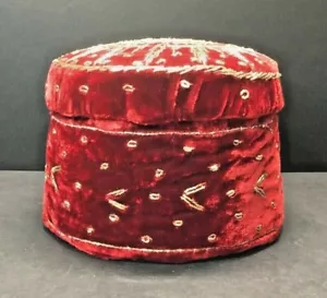 Joyero redondo vintage francés cosido a mano de tela de terciopelo rojo 1930 - Imagen 1 de 7