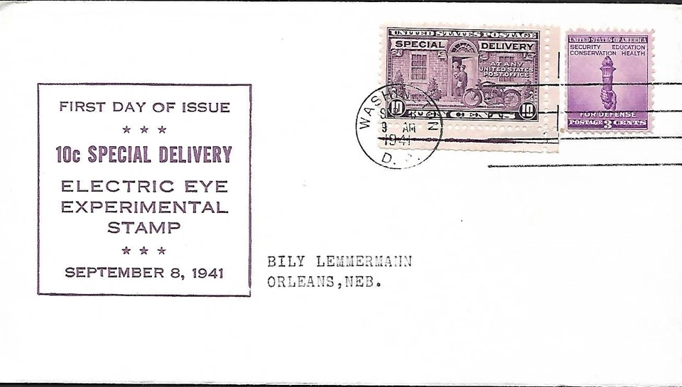 USA 1941 FIRST DAY COVER, 10 CENTS SPECIAL DELIVERY ELECTRIC EYE EXPERIMENTAL  - Image 1 of 1