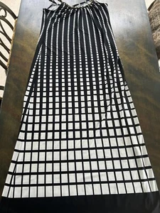 Roz and Ali SZ 10 Fluid Stretch Knit Midi Dress Blk+Ivory Check Gold Link Straps - Picture 1 of 7