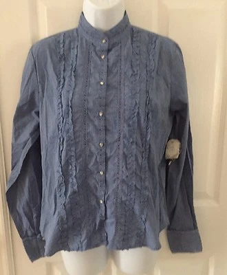 NUEVO CON ETIQUETAS ADOLFO Cambray Azul Abotonado CAMISA Mujer Talla M Volantes -Botones Cristal Foto 1 de 4