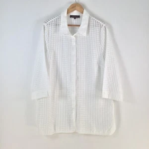 Maggie T womens tunic button up shirt size 12 white check sheer 3/4 slv 113314 - Picture 1 of 9