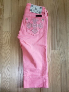 MISS ME Girl's Pink Denim Capri Pants Jeans with Crystal Embellished Pockets - Picture 1 of 9