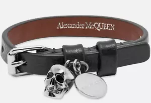 NEW W TAGS Alexander McQueen Men Skull Charm Leather Wrap Bracelet, Silver/Black - Picture 1 of 2