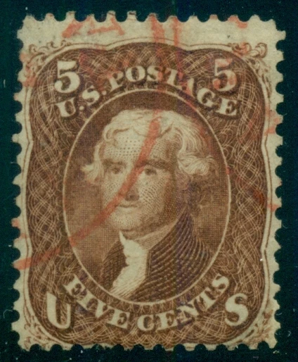 US #75, 5¢ red brown, used w/red town cancel Scott $425.00 - Image 1 of 1