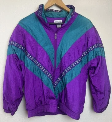 Vintage 80’s 90’s Windbreaker Sz Medium Lined Track Jacket Purple Teal - Image 1 of 4