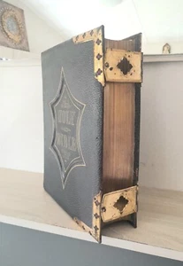 LARGE ANTIQUE FAMILY BIBLE, DOUBLE CLASPED, PLATES, UNUSED REGISTER, c1880 - Picture 1 of 24
