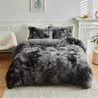 Faux Fur Plush Tie Dye Dark Grey White Comforter Set Fluffy Fuzzy Shaggy Bedding