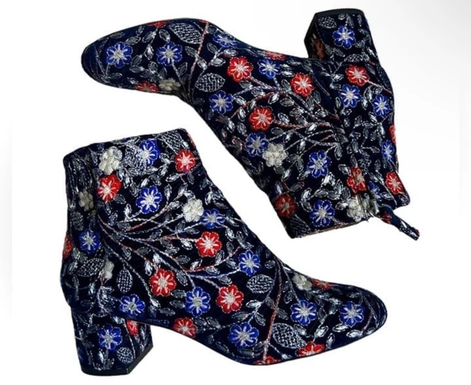 Botín Aquazzura Brooklyn Flor Bordado Terciopelo Azul Marino 6 Foto 1 de 4