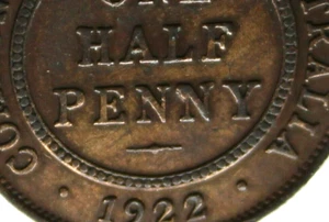 * 1922 HALFPENNY REVERSE LARGE BLOB ON TOP OF N ERROR COIN CIRCULATED #CACV2 - Picture 1 of 10