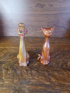 Two Vintage MCM Faux Wood Long Neck Cat & Dog Figurine. Rhinestone Eyes 8” - Picture 1 of 6