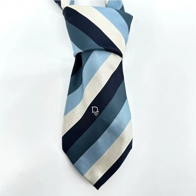 Vintage Christian Dior Men's Striped Silk Tie Blue Cream Navy Formal Business - Image 1 of 4