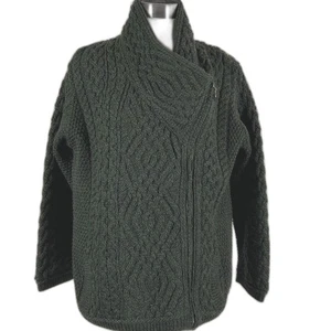 Aran Crafts Merino Wool Asymmetrical Side Zip dark green Cardigan XL - Picture 1 of 9