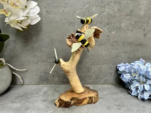 Bee Ornament Wood Root Sculpture Bumblebees Insect Figurine Rustic Natural Decor - Picture 1 of 11