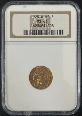 1925-D $2.50 INDIAN GOLD QUARTER EAGLE - NGC MS-61 in Old NGC Holder - Image 1 of 4