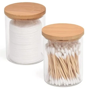 2 Pack Glass Qtip Holder Dispenser Bathroom Jars With Bamboo Lids Cotton Ball Pa - Picture 1 of 6