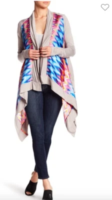 Vertigo Women’s Satin Multicolor Asymmetrical Front Gray Knit Cardigan Sz-M $240 - Image 1 of 4