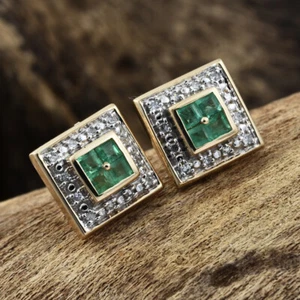 Natural Emerald Princess cut Stud Earrings with Diamond Halo 14k Yellow Gold - Picture 1 of 4