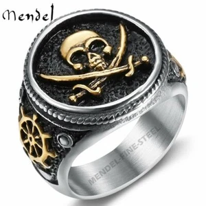 MENDEL Gothic Mens Stainless Steel Gold Plated Biker Pirate Skull Ring Size 6-15 - Picture 1 of 7