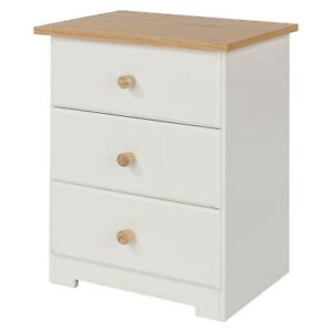 Vintage Style 3 Drawer Petite Bedside Cabinet in White - With Oak Top & Handles