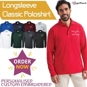 Personalised Embroidered Long Sleeve Classic Polo Shirt Unisex Workwear Casual - Picture 1 of 19