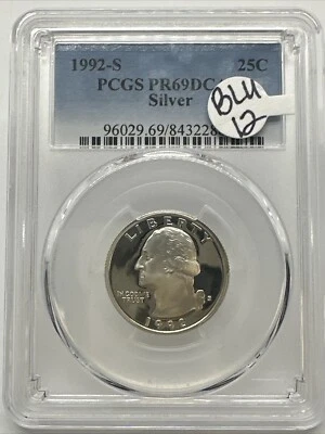 1992 S 25c Washington Proof Silver Quarter Dollar PCGS PR69DCAM BLU12 - Image 1 of 4
