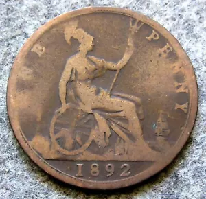 GREAT BRITAIN QUEEN VICTORIA 1892 ONE PENNY, Seated Britannia BRONZE km# 755 - Picture 1 of 6