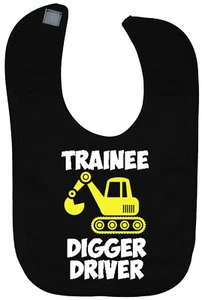Trainee Digger Driver Baby Feeding Bib Newborn-3y Touch Attach Excavator Builder - Picture 1 of 6