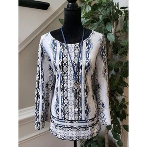 New Directions Top Blouse Women's Size 2X White Geo Print Long Sleeve Round Neck - Picture 1 of 10