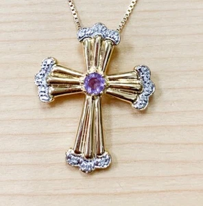 0.25ctw GENUINE AMETHYST STONE & DIAMOND CROSS  PENDANT NECKLACE NEW - Picture 1 of 1