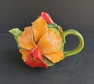 Tetera de orquídeas Cosmos naranja, verde y roja 8 OZ - Decoración coleccionable - Imagen 1 de 22