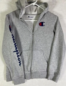 Champion Sweatshirt Youth Kid Large Gray Full Zip Cotton Blend Spell Out - Picture 1 of 11