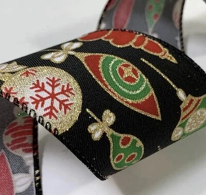Christmas Ornament RIBBON, 2.5" Wire-Edge 5 Yards BLACK Christmas Ribbon Holiday - Picture 1 of 7
