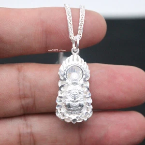 Pure 999 Fine Silver Pendant Women Man Flame Bless Kwan-yin Pendant 30*14mm - Picture 1 of 5