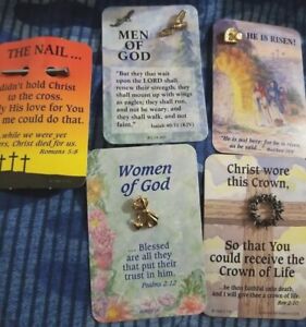 4 Religious Pins & 1 Holy Nail Bible Verses Jesus Crown Tomb Dove Gold Tone New 