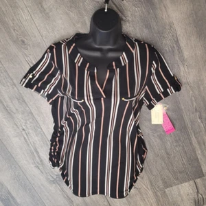 Sweet Wanderer Black Pink V Neck Ruched Side Large Maternity Blouse Shirt New - Picture 1 of 7