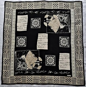 SCARF VINTAGE AUTHENTIC CODELLO POP ART HIPPY BOHHO BLACK IVORY SILK 35" SQUARE - Picture 1 of 4