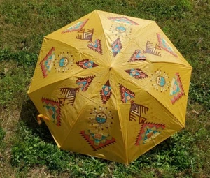 Thunderbird Aztec Boho southwestern Gold Design nylon umbrella WORKS! Vintage?? - Picture 1 of 5