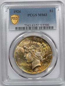 1924 Peace Silver One Dollar Colorful Toning / S$1 / PCGS MS63 - Picture 1 of 2